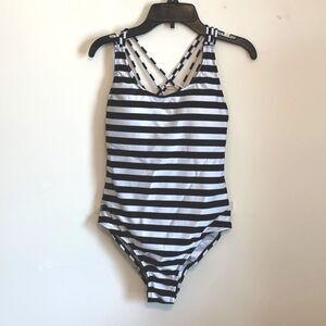 Cross1946 Women’s Black White Striped One Piece Monokini Swimsuit Bathing Suit M